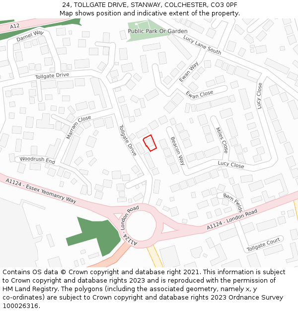 24, TOLLGATE DRIVE, STANWAY, COLCHESTER, CO3 0PF: Location map and indicative extent of plot