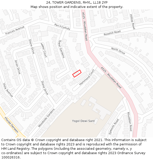 24, TOWER GARDENS, RHYL, LL18 2YP: Location map and indicative extent of plot