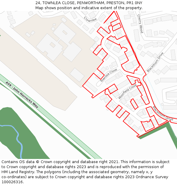 24, TOWNLEA CLOSE, PENWORTHAM, PRESTON, PR1 0NY: Location map and indicative extent of plot