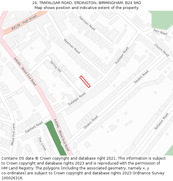 24, TRAFALGAR ROAD, ERDINGTON, BIRMINGHAM, B24 9AD: Location map and indicative extent of plot