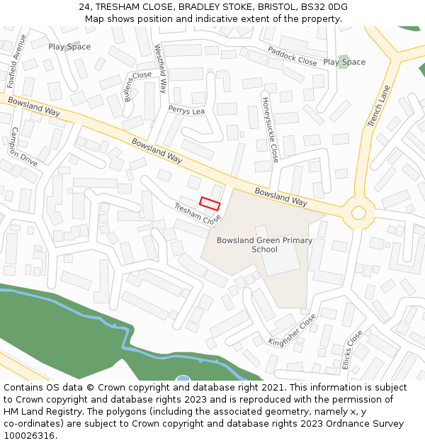 24, TRESHAM CLOSE, BRADLEY STOKE, BRISTOL, BS32 0DG: Location map and indicative extent of plot