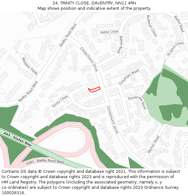 24, TRINITY CLOSE, DAVENTRY, NN11 4RN: Location map and indicative extent of plot