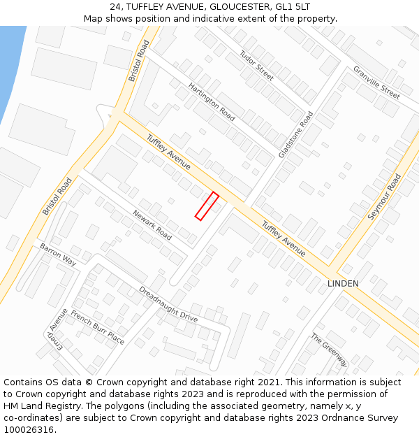 24, TUFFLEY AVENUE, GLOUCESTER, GL1 5LT: Location map and indicative extent of plot