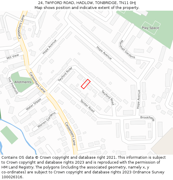 24, TWYFORD ROAD, HADLOW, TONBRIDGE, TN11 0HJ: Location map and indicative extent of plot