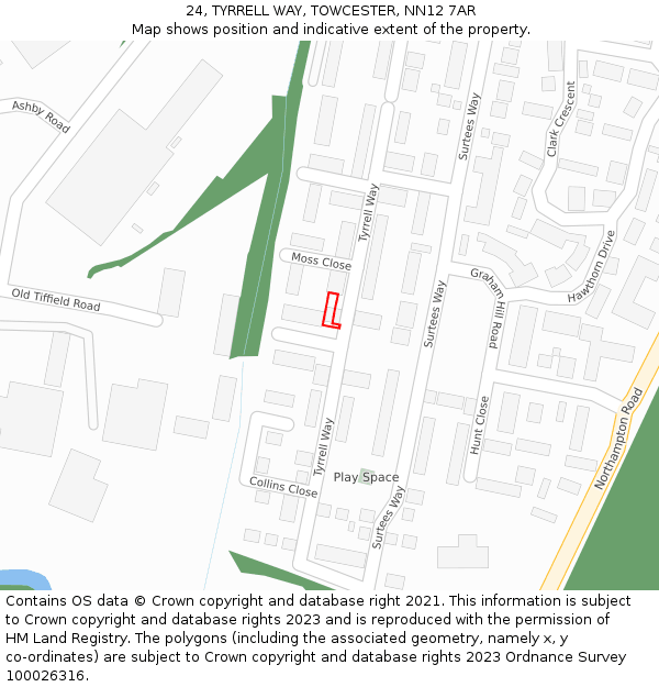 24, TYRRELL WAY, TOWCESTER, NN12 7AR: Location map and indicative extent of plot