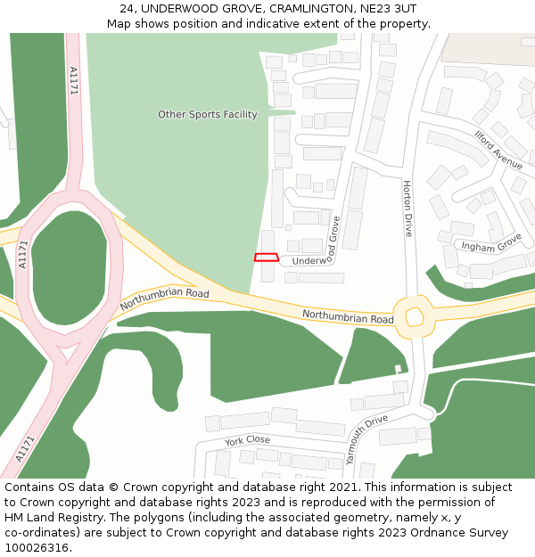 24, UNDERWOOD GROVE, CRAMLINGTON, NE23 3UT: Location map and indicative extent of plot