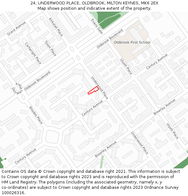 24, UNDERWOOD PLACE, OLDBROOK, MILTON KEYNES, MK6 2EX: Location map and indicative extent of plot