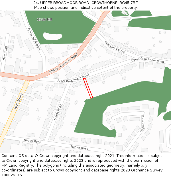 24, UPPER BROADMOOR ROAD, CROWTHORNE, RG45 7BZ: Location map and indicative extent of plot