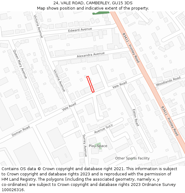 24, VALE ROAD, CAMBERLEY, GU15 3DS: Location map and indicative extent of plot