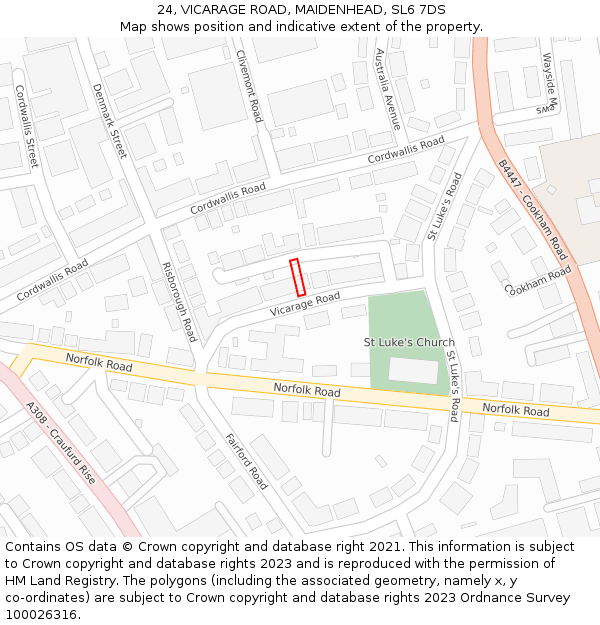 24, VICARAGE ROAD, MAIDENHEAD, SL6 7DS: Location map and indicative extent of plot