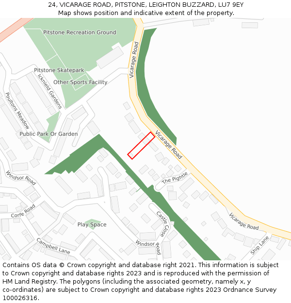 24, VICARAGE ROAD, PITSTONE, LEIGHTON BUZZARD, LU7 9EY: Location map and indicative extent of plot