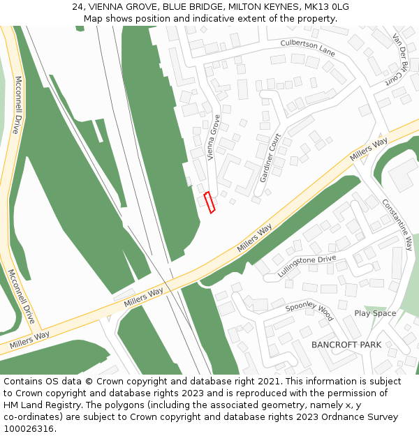 24, VIENNA GROVE, BLUE BRIDGE, MILTON KEYNES, MK13 0LG: Location map and indicative extent of plot