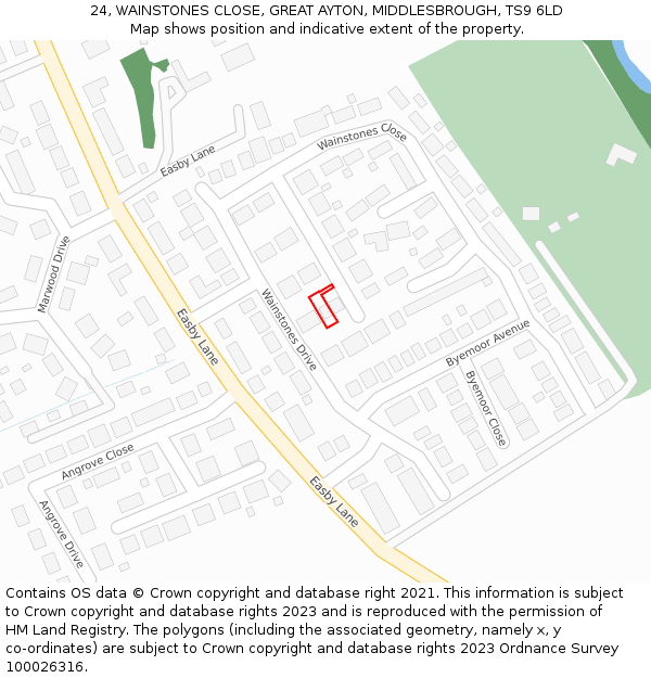 24, WAINSTONES CLOSE, GREAT AYTON, MIDDLESBROUGH, TS9 6LD: Location map and indicative extent of plot