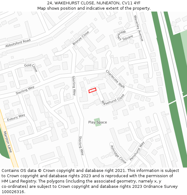 24, WAKEHURST CLOSE, NUNEATON, CV11 4YF: Location map and indicative extent of plot