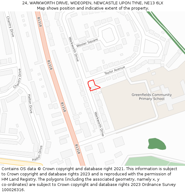 24, WARKWORTH DRIVE, WIDEOPEN, NEWCASTLE UPON TYNE, NE13 6LX: Location map and indicative extent of plot