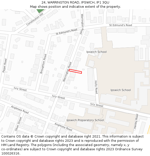 24, WARRINGTON ROAD, IPSWICH, IP1 3QU: Location map and indicative extent of plot