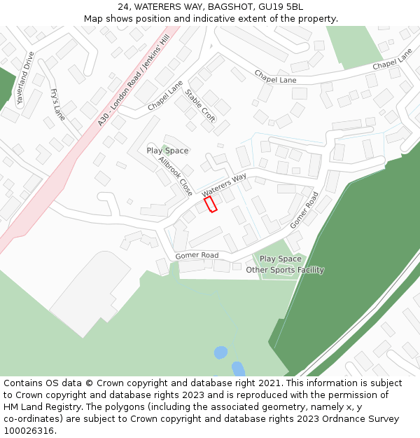 24, WATERERS WAY, BAGSHOT, GU19 5BL: Location map and indicative extent of plot