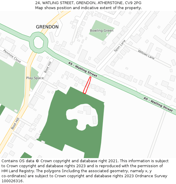 24, WATLING STREET, GRENDON, ATHERSTONE, CV9 2PG: Location map and indicative extent of plot