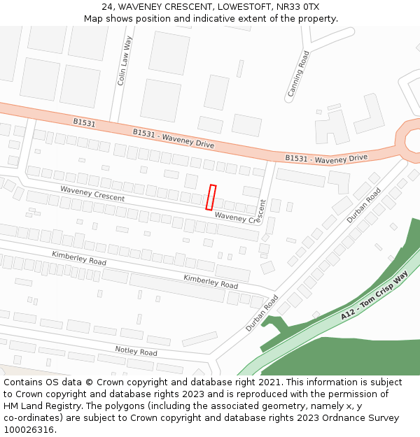 24, WAVENEY CRESCENT, LOWESTOFT, NR33 0TX: Location map and indicative extent of plot