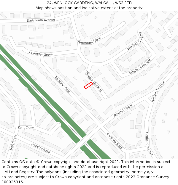 24, WENLOCK GARDENS, WALSALL, WS3 1TB: Location map and indicative extent of plot