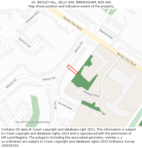 24, WEOLEY HILL, SELLY OAK, BIRMINGHAM, B29 4AD: Location map and indicative extent of plot