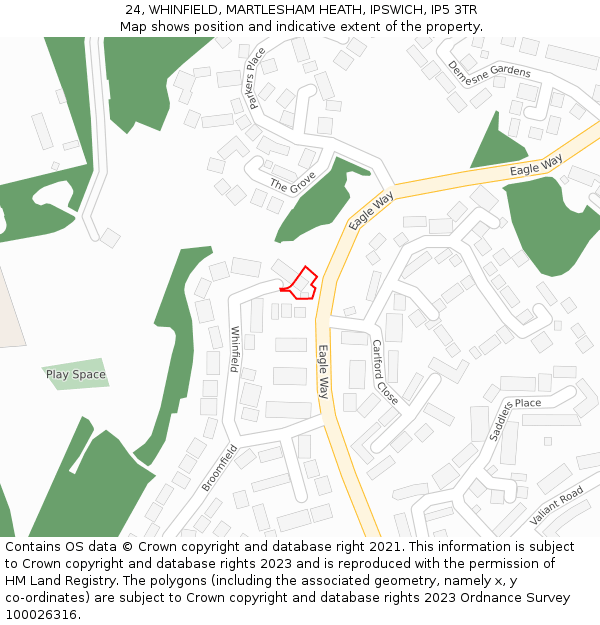 24, WHINFIELD, MARTLESHAM HEATH, IPSWICH, IP5 3TR: Location map and indicative extent of plot