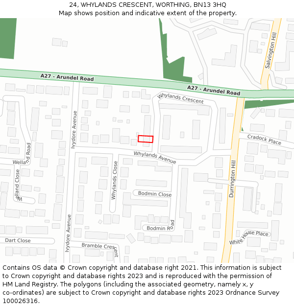 24, WHYLANDS CRESCENT, WORTHING, BN13 3HQ: Location map and indicative extent of plot