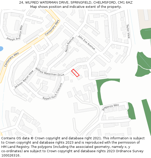 24, WILFRED WATERMAN DRIVE, SPRINGFIELD, CHELMSFORD, CM1 6AZ: Location map and indicative extent of plot