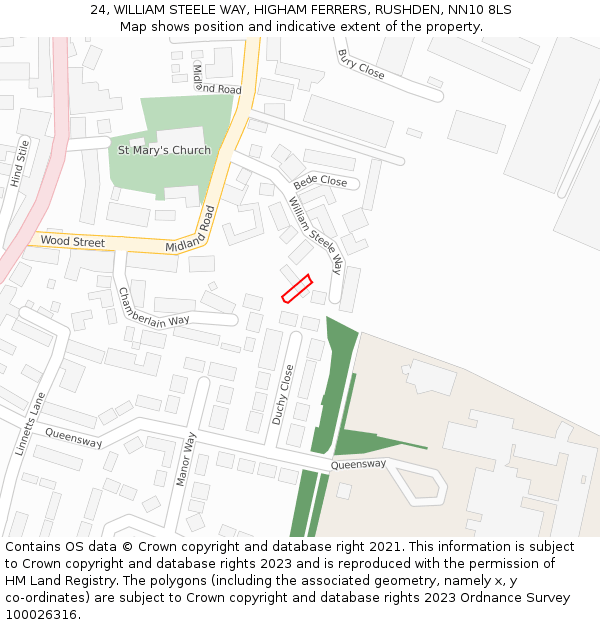 24, WILLIAM STEELE WAY, HIGHAM FERRERS, RUSHDEN, NN10 8LS: Location map and indicative extent of plot
