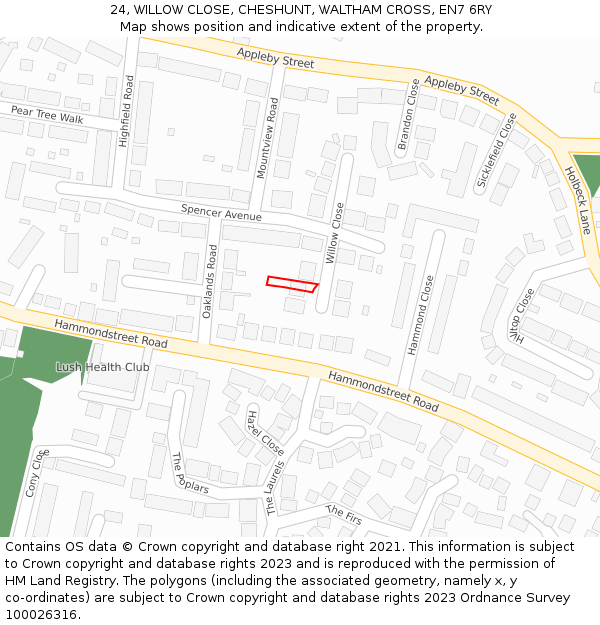 24, WILLOW CLOSE, CHESHUNT, WALTHAM CROSS, EN7 6RY: Location map and indicative extent of plot