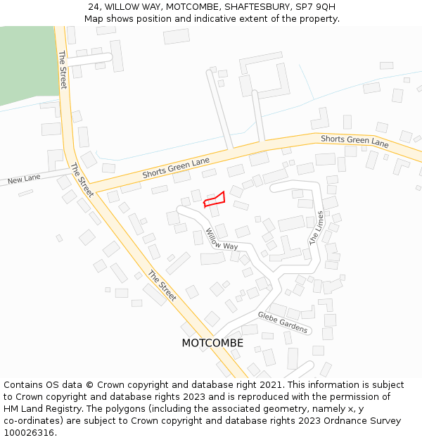 24, WILLOW WAY, MOTCOMBE, SHAFTESBURY, SP7 9QH: Location map and indicative extent of plot