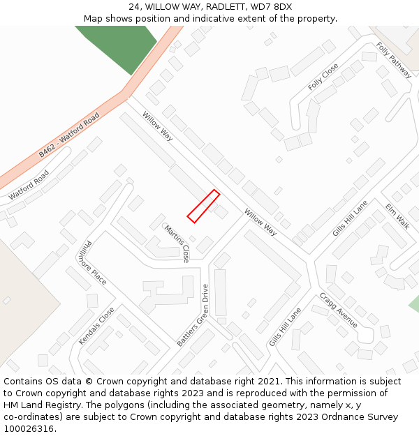 24, WILLOW WAY, RADLETT, WD7 8DX: Location map and indicative extent of plot