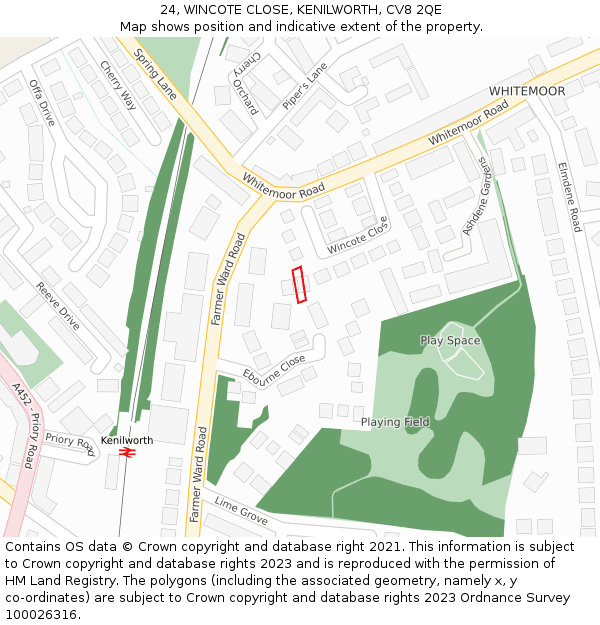24, WINCOTE CLOSE, KENILWORTH, CV8 2QE: Location map and indicative extent of plot