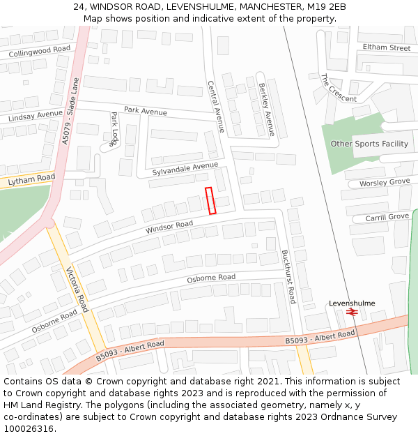24, WINDSOR ROAD, LEVENSHULME, MANCHESTER, M19 2EB: Location map and indicative extent of plot