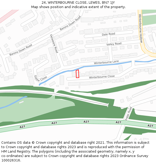 24, WINTERBOURNE CLOSE, LEWES, BN7 1JY: Location map and indicative extent of plot