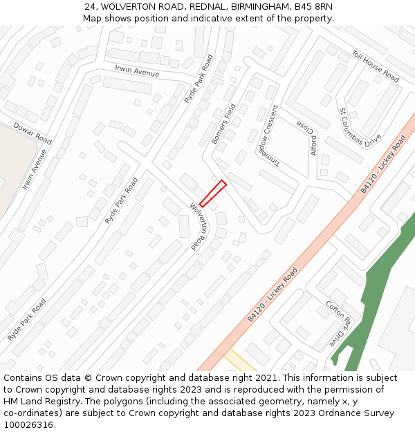 24, WOLVERTON ROAD, REDNAL, BIRMINGHAM, B45 8RN: Location map and indicative extent of plot