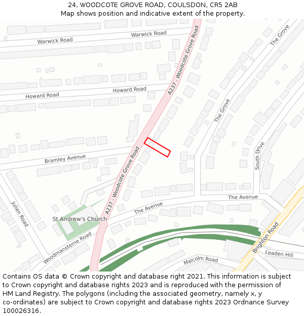 24, WOODCOTE GROVE ROAD, COULSDON, CR5 2AB: Location map and indicative extent of plot