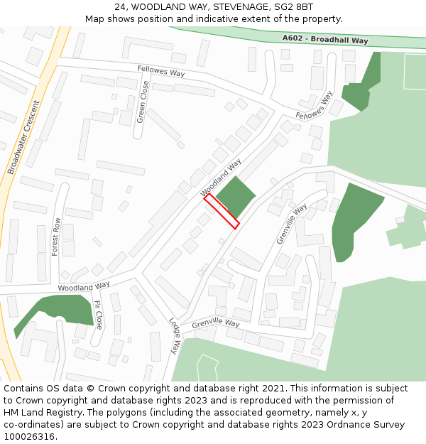 24, WOODLAND WAY, STEVENAGE, SG2 8BT: Location map and indicative extent of plot