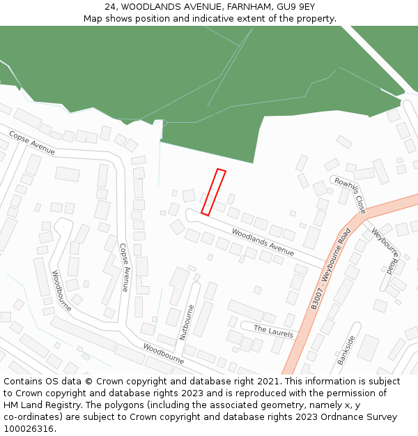 24, WOODLANDS AVENUE, FARNHAM, GU9 9EY: Location map and indicative extent of plot