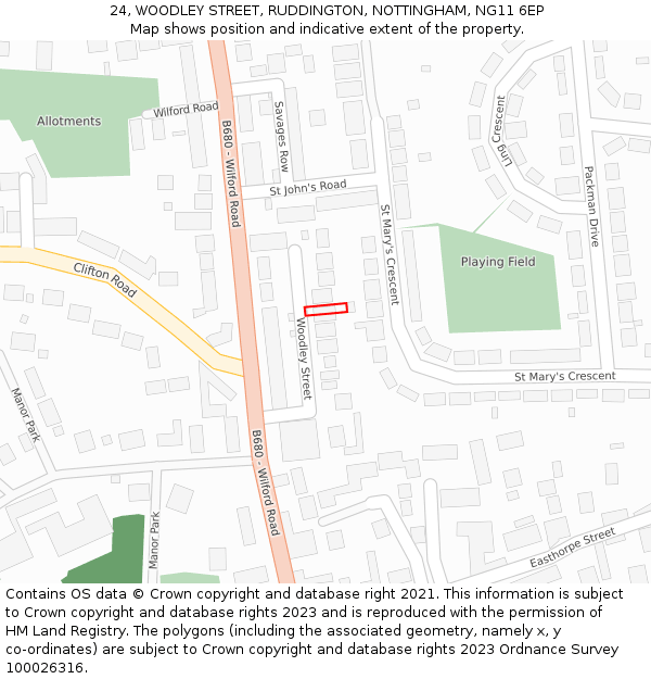 24, WOODLEY STREET, RUDDINGTON, NOTTINGHAM, NG11 6EP: Location map and indicative extent of plot