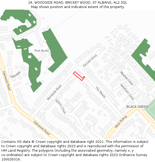 24, WOODSIDE ROAD, BRICKET WOOD, ST ALBANS, AL2 3QL: Location map and indicative extent of plot