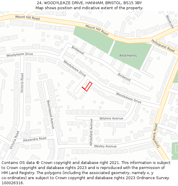 24, WOODYLEAZE DRIVE, HANHAM, BRISTOL, BS15 3BY: Location map and indicative extent of plot