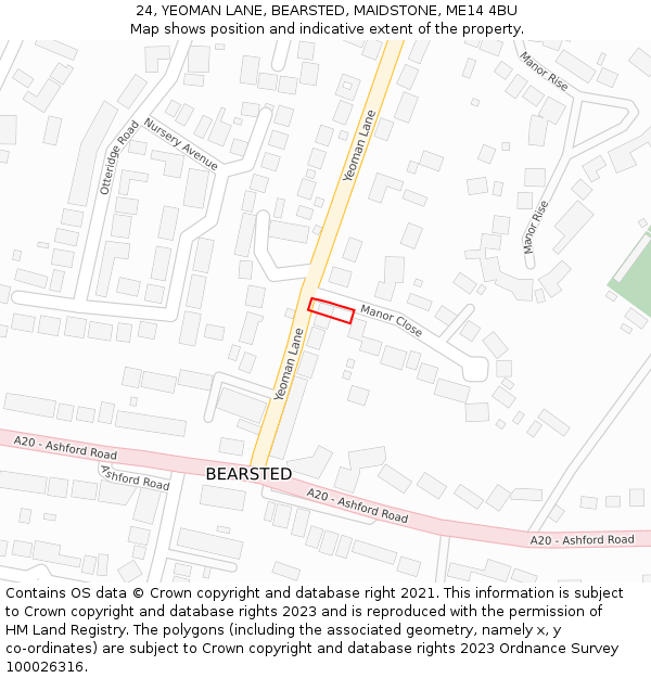 24, YEOMAN LANE, BEARSTED, MAIDSTONE, ME14 4BU: Location map and indicative extent of plot