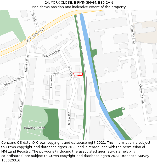 24, YORK CLOSE, BIRMINGHAM, B30 2HN: Location map and indicative extent of plot