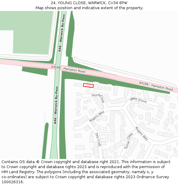 24, YOUNG CLOSE, WARWICK, CV34 6PW: Location map and indicative extent of plot