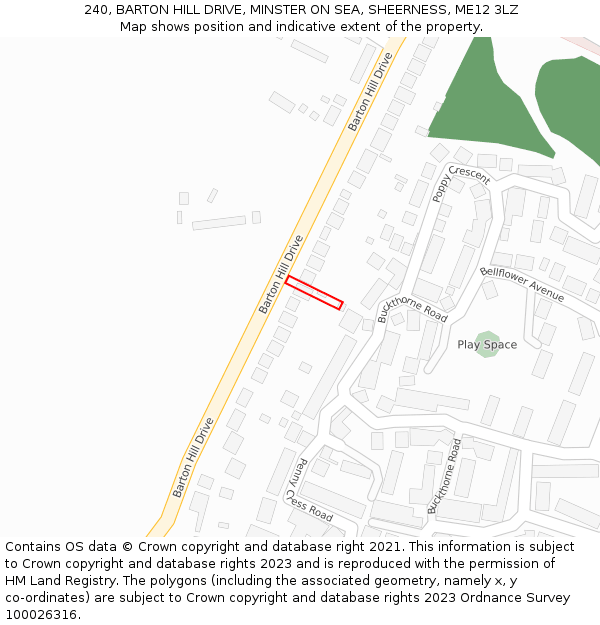 240, BARTON HILL DRIVE, MINSTER ON SEA, SHEERNESS, ME12 3LZ: Location map and indicative extent of plot