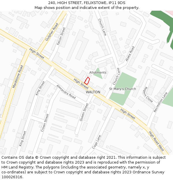 240, HIGH STREET, FELIXSTOWE, IP11 9DS: Location map and indicative extent of plot