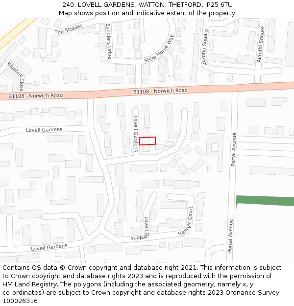 240, LOVELL GARDENS, WATTON, THETFORD, IP25 6TU: Location map and indicative extent of plot