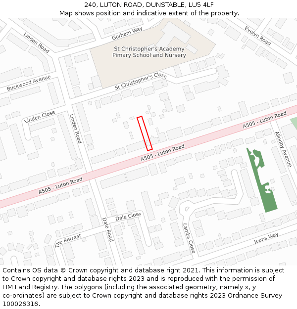 240, LUTON ROAD, DUNSTABLE, LU5 4LF: Location map and indicative extent of plot