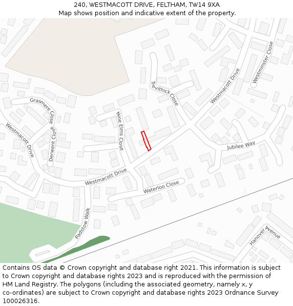 240, WESTMACOTT DRIVE, FELTHAM, TW14 9XA: Location map and indicative extent of plot